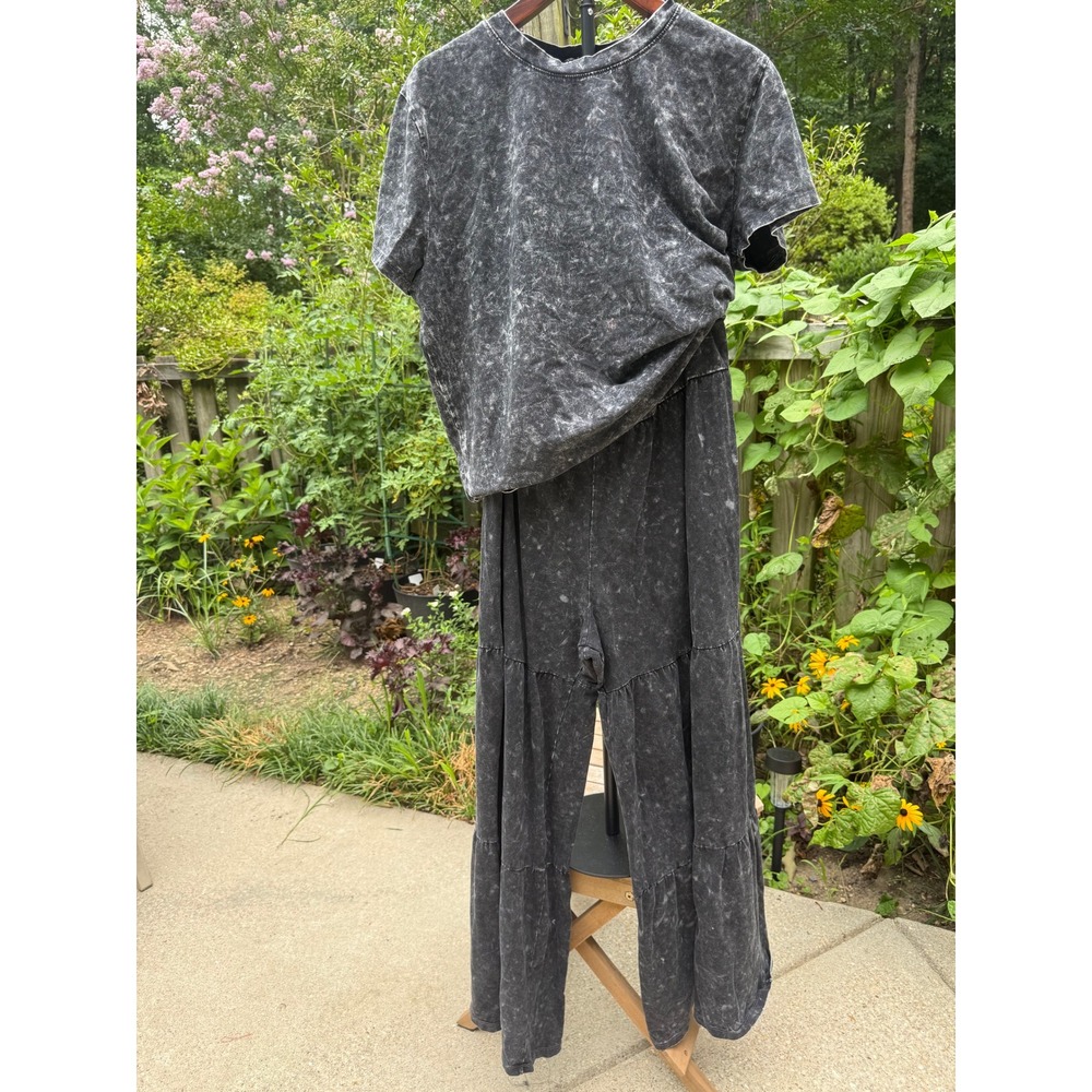 LOVE 83 2XL Acid Wash Tee Tiered Wide Leg Pants Set Black Plus Size Boho